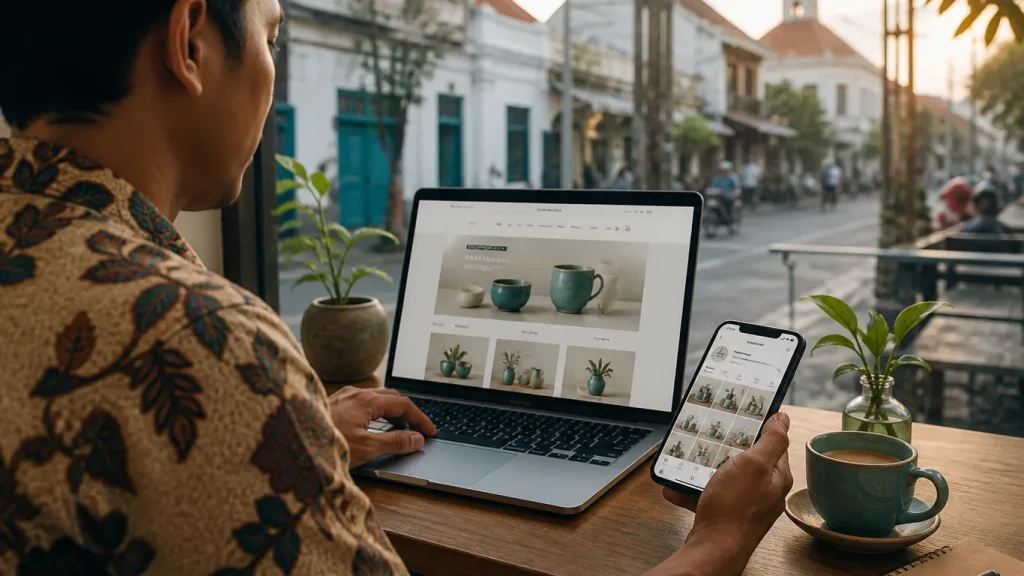 Owner UMKM membandingkan website toko dan feed Instagram di kafe Semarang