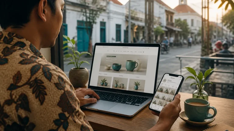 Owner UMKM membandingkan website toko dan feed Instagram di kafe Semarang